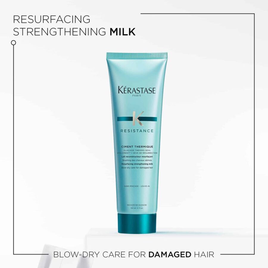 A tube of kérastase strengthening caring gel cream for blow-dry hair care on a simple white background.