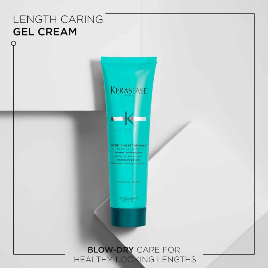 A tube of kérastase length caring gel cream for blow-dry hair care on a simple white background.