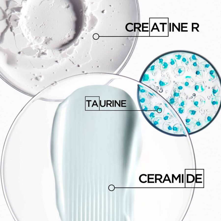 Three cosmetic ingredients displayed in petri dishes: creatine, taurine, and ceramide.