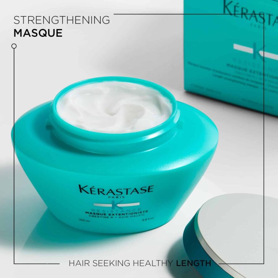 A container of kerastase strengthening masque for hair seeking healthy lengths.
