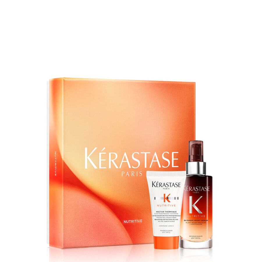 Kérastase nutritive dry hair care product duo, contains night serum and blowdrying cream with packaging.