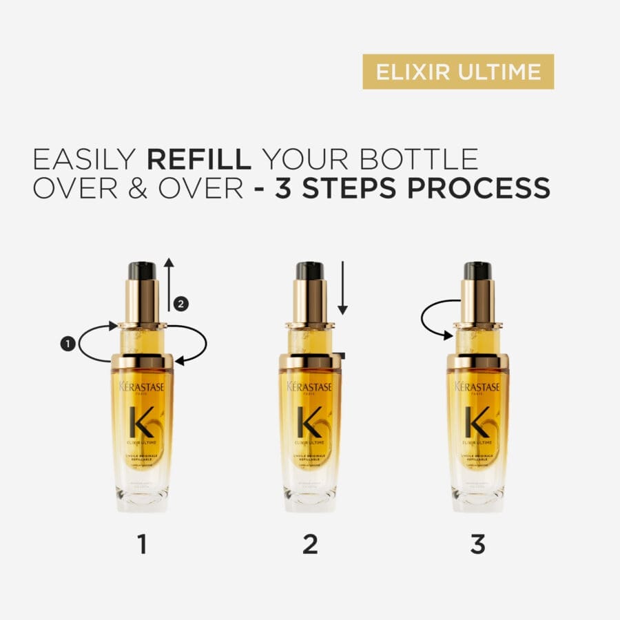 how to refill your elixir bottle step 1 twist clock wise and pull up, put new refill into the glass bottle and lock by twisting counter-clock-wise