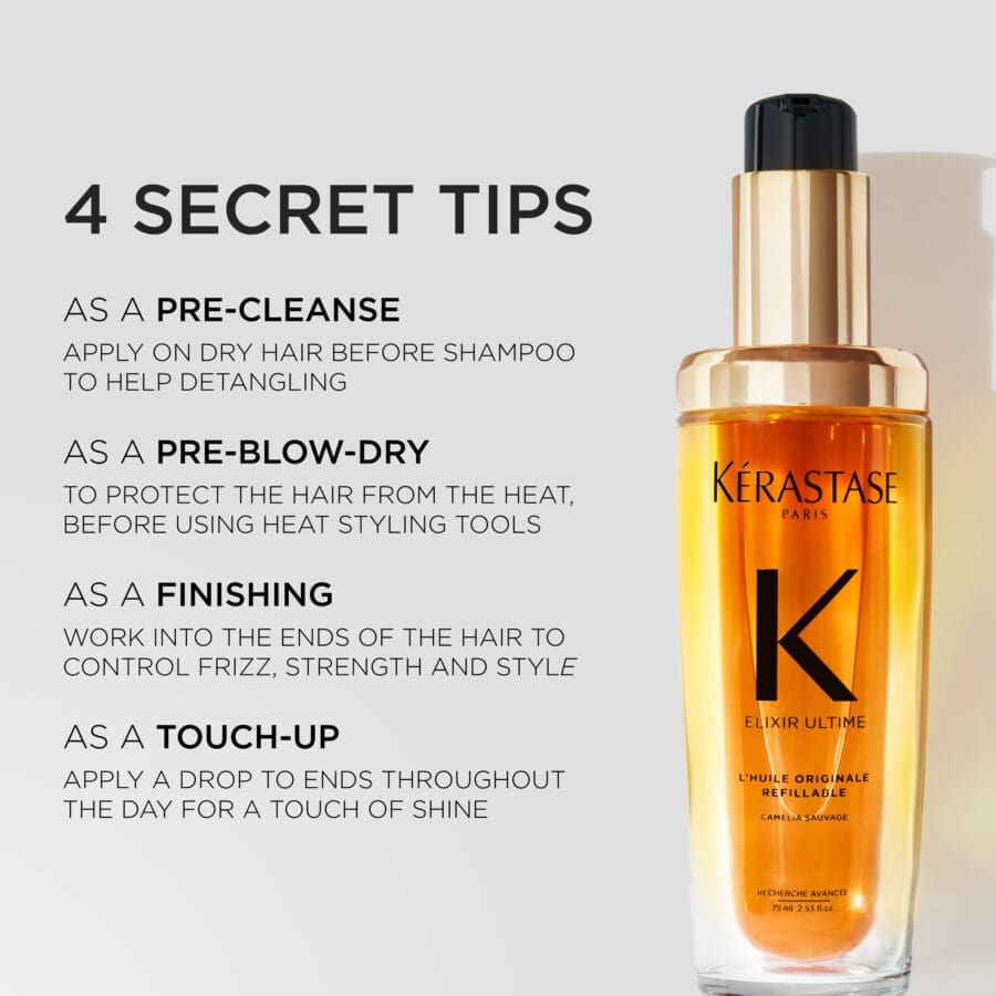 secret tips for the elixir ultime, pre-cleanse, pre-blowdry, finishing and touchup