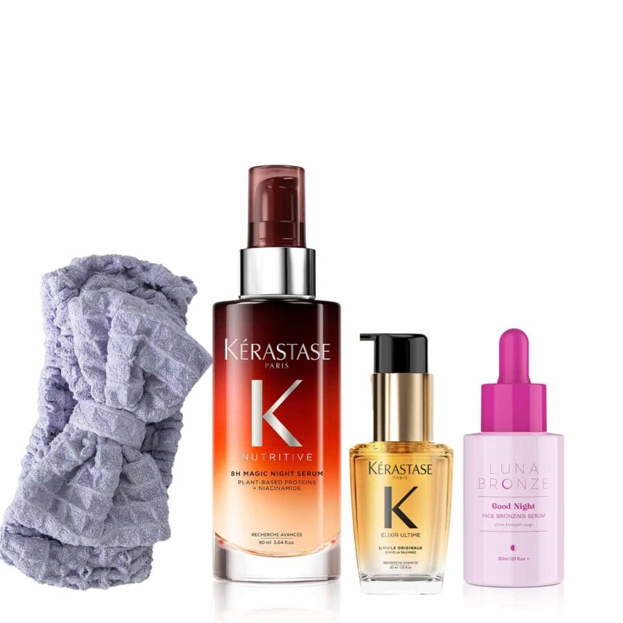 parent survival kit from Pomme Salon. Pomme Spa Headband, Kerastase 8HR Night Serum and Elixir Ultime Hair Oil, and Luna Bronze Good Night Bronzing Serum