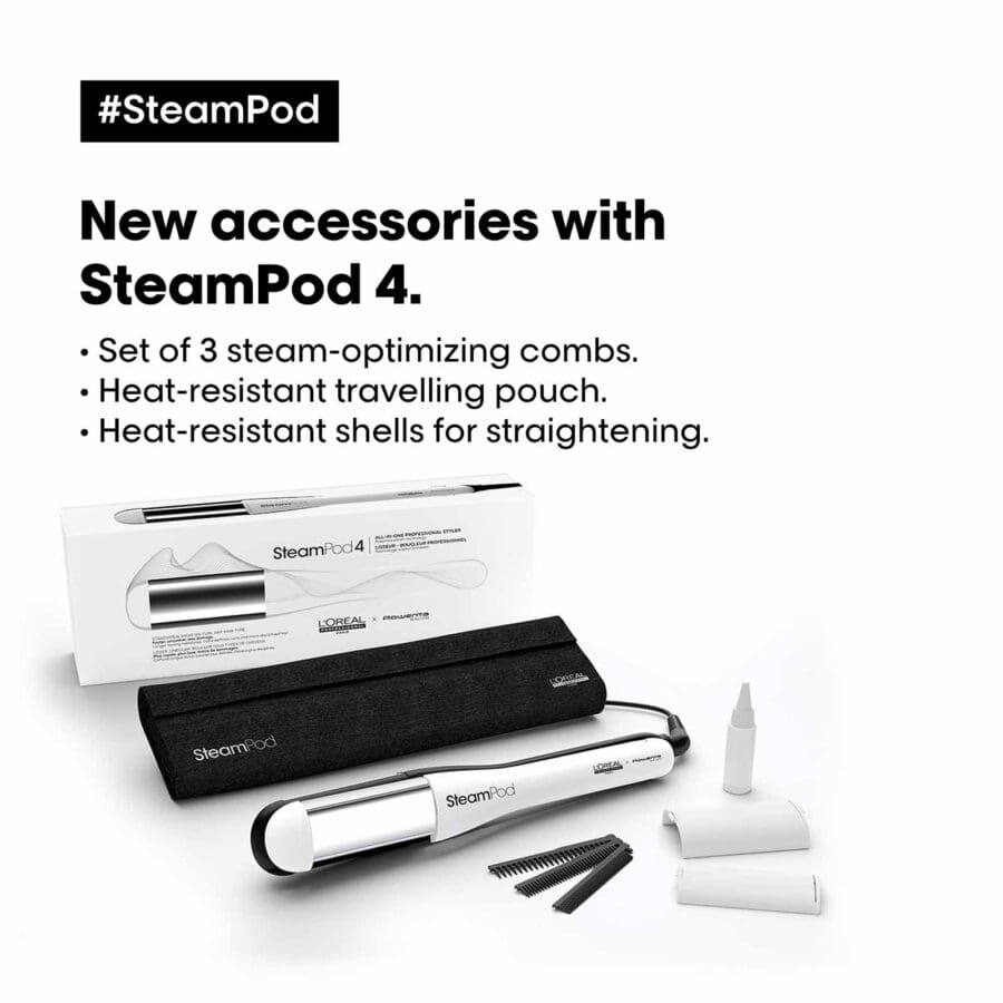 contents of what comes in the steampod 4 box; 3 attachable combs, heat resistant pouch and heat resistance shells for straightening