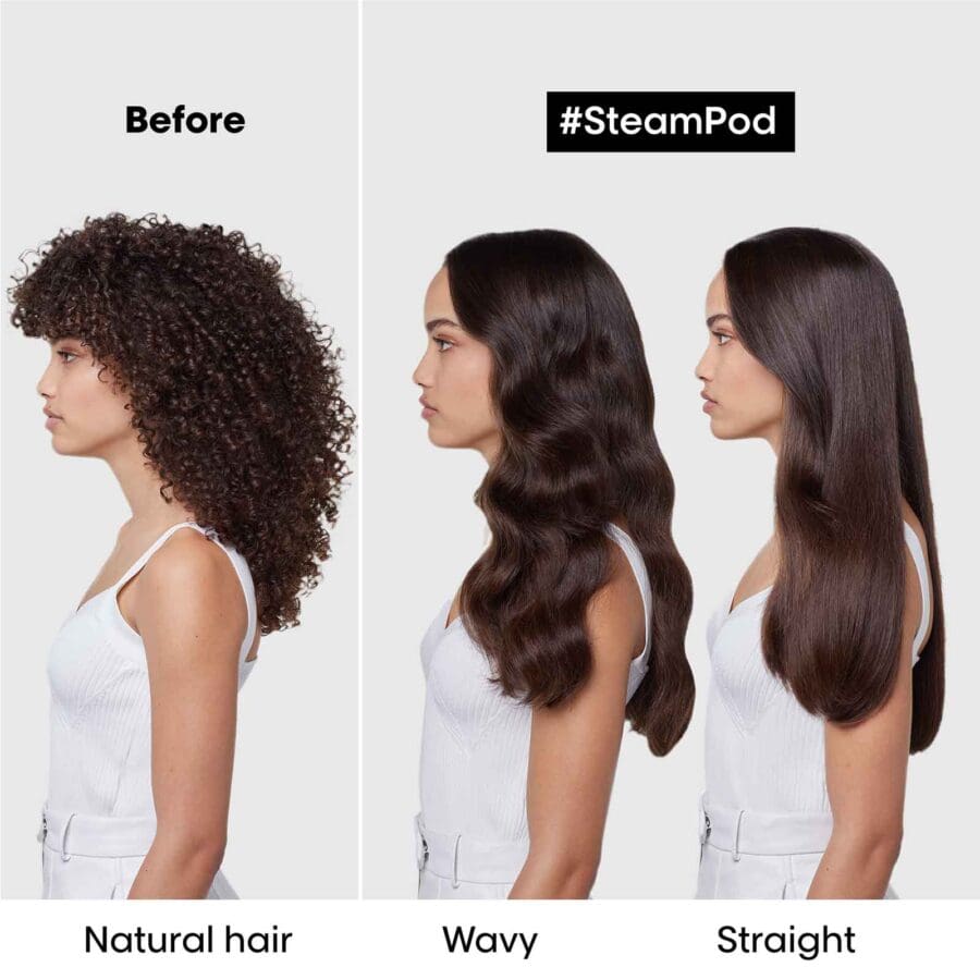 curly hair model natural and after use of the steampod 4