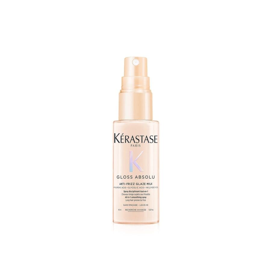 Product image of Kérastase Gloss Absolu Anti-Frizz Glaze Milk, travel size bottle.